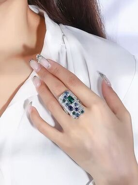 Silver-Tone Ring with Blue and Green Gemstones